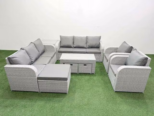 Fimous PE Rattan High Back Lounge Sofa Set in Light Grey with 3 Seater Sofa, Reclining Chair, 3 Stools, Coffee Table and Ottomans