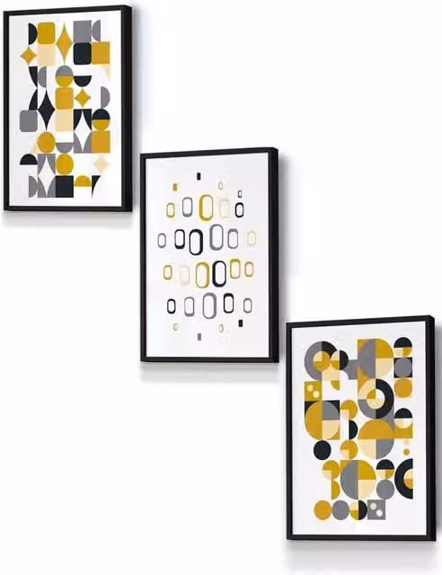 ARTZE Mid Century Abstract Graphical Framed Wall Art in Grey, Yellow and Black, W: 33 cm, H: 45 cm, D: 2 cm