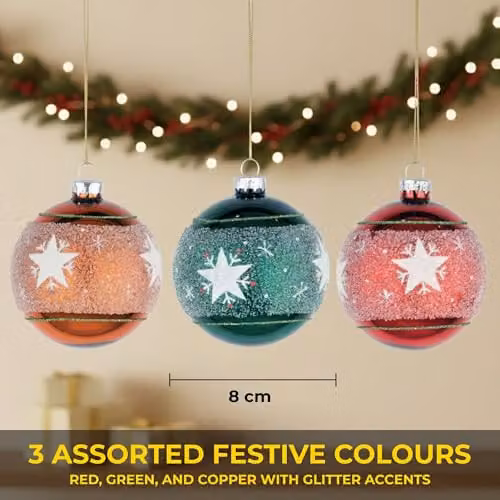 Shatchi 12-Piece Set of Red and Green Glass Christmas Baubles, 8 cm Round Hanging Ornaments – 5