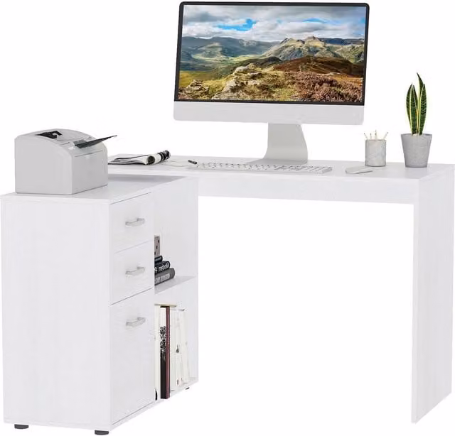 Rolipo Modern L-Shaped Corner Computer Desk with Drawers and File Cabinet in White, W/D/H: 117 x 83.5 cm – 1