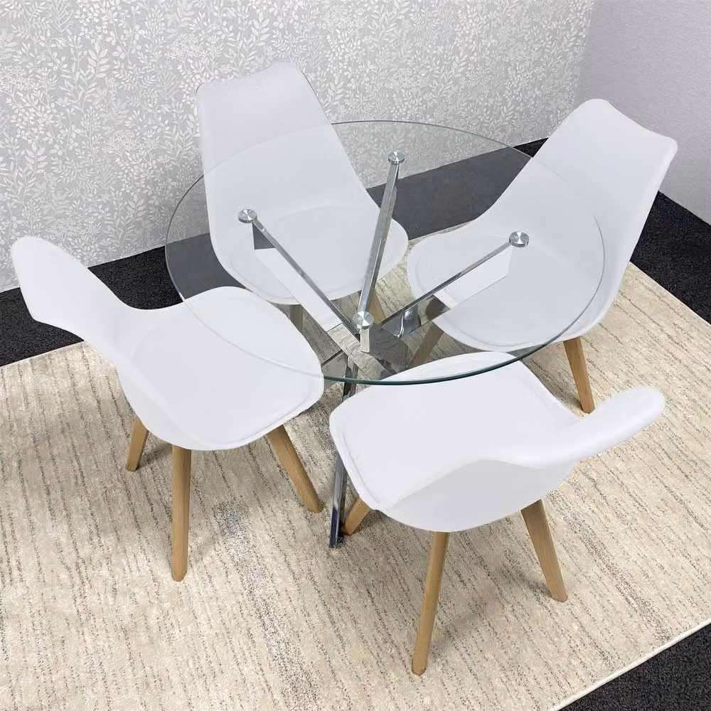 KOSY KOALA Modern Round Glass Dining Table with 4 White Plastic Chairs – 4