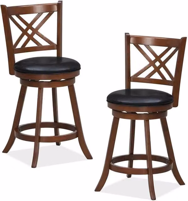 Hinsinc Set of 2 Brown Swivel Upholstered Counter Bar Stools with Synthetic Leather and Rubberwood