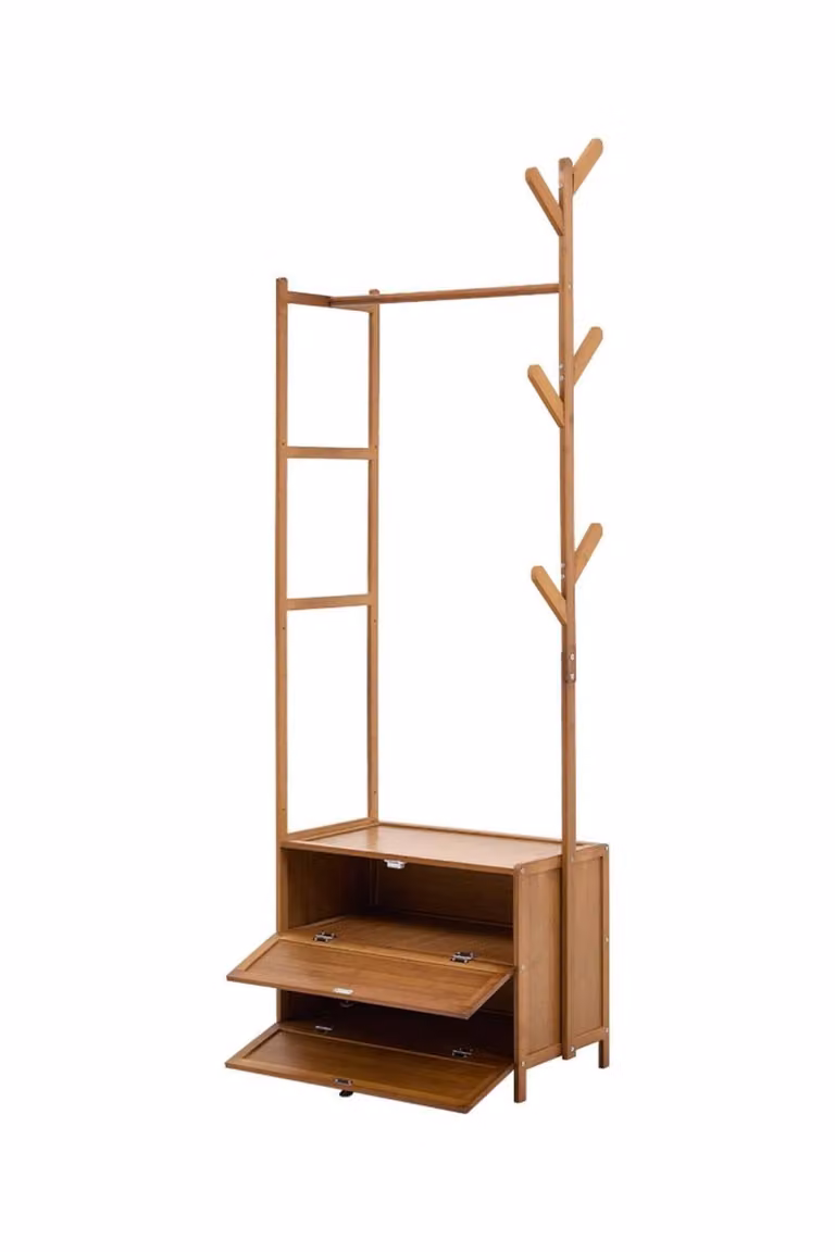 ExtraStar Modern Bamboo Freestanding Clothes Rail with Continuous Linear Rail in Brown