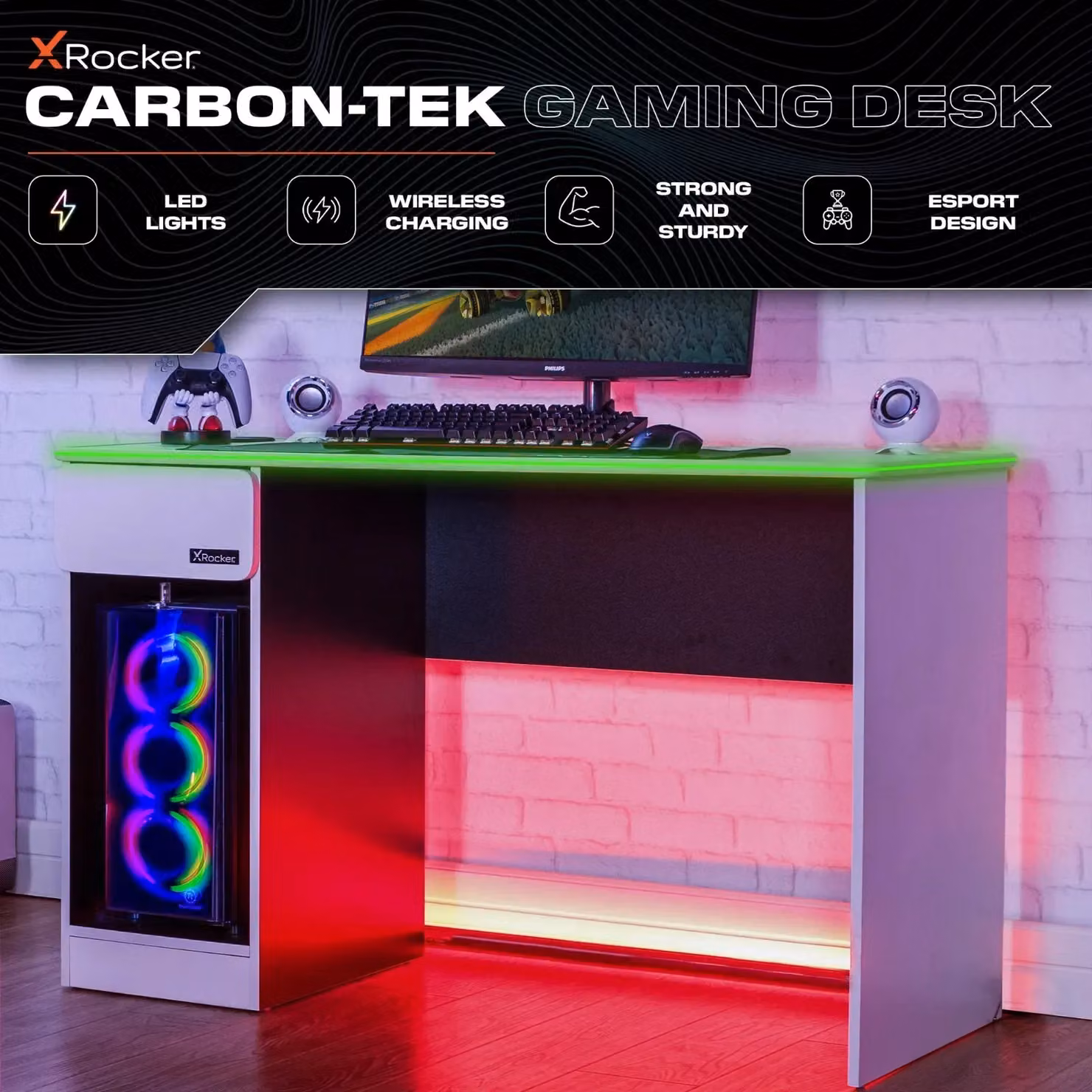 X Rocker Carbon-Tek LED Gaming Desk in White and Multicolour – 6