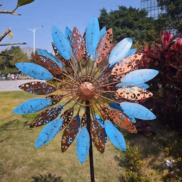 Primrose Metal Flutter Kinetic Wind Spinner in Blue and Bronze, Diameter: 40 cm