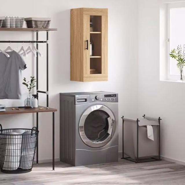 Berkfield Home Wall Mounted Sonoma Oak Cabinet with Glass Doors in Brown, W/D/H: 34.5 x 34 x 90 cm