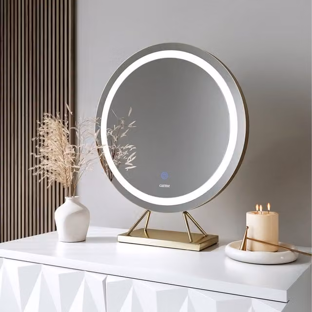 CARME Evie Round Frameless LED Light Tabletop Mirror in Gold