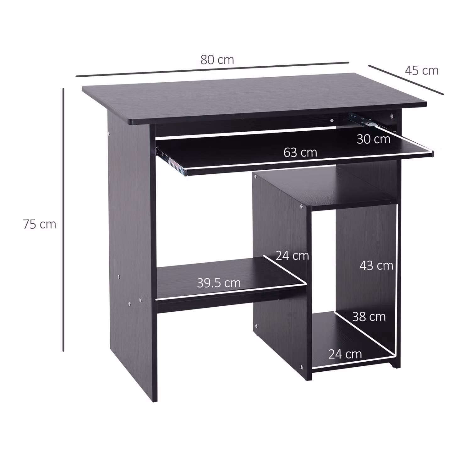 HOMCOM Modern Black Compact Computer Desk with Keyboard Tray and Storage Shelf – 3