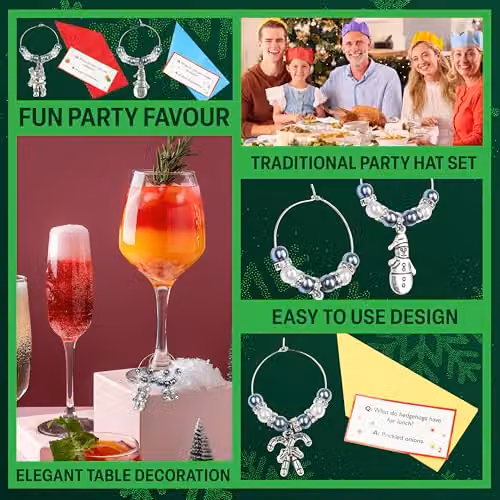 KreativeKraft Luxury Christmas Crackers with Wine Glass Charms and Festive Glass Markers, 6 Pack, Silver Star and Multicolour – 3