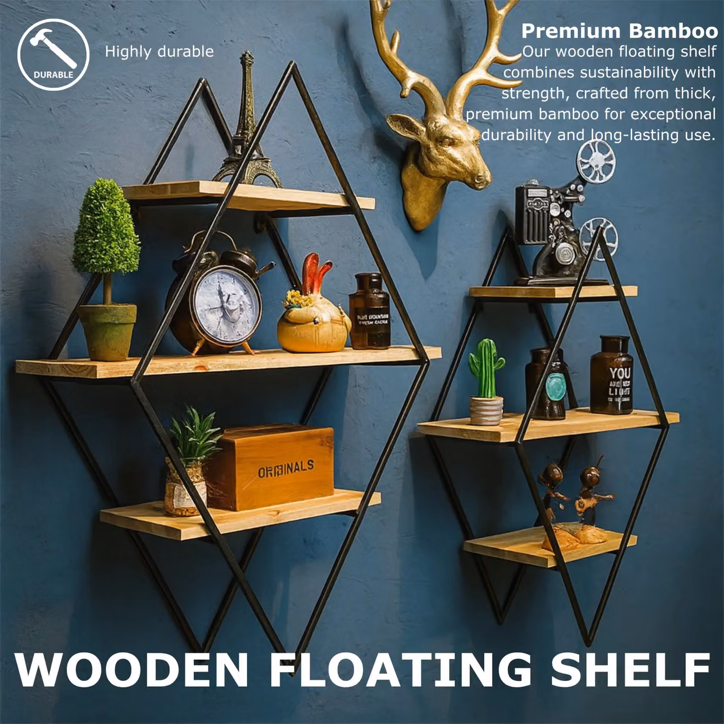 Rafaelo Mobilia Industrial 3 Tier Brown Wooden Diamond Shape Floating Wall Shelf – 5