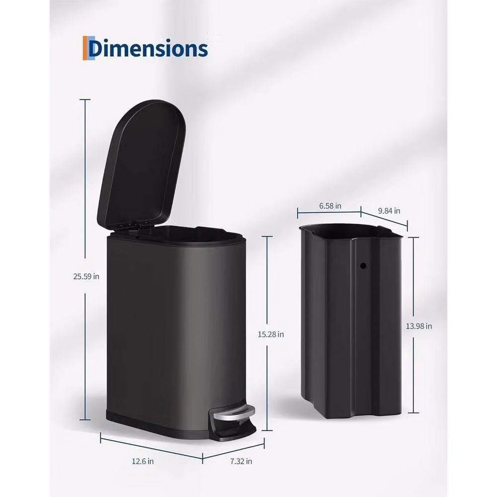 VOGREX Slim Stainless Steel Pedal Trash Can with Lid and Removable Inner Bucket, Black, 10 L – 2