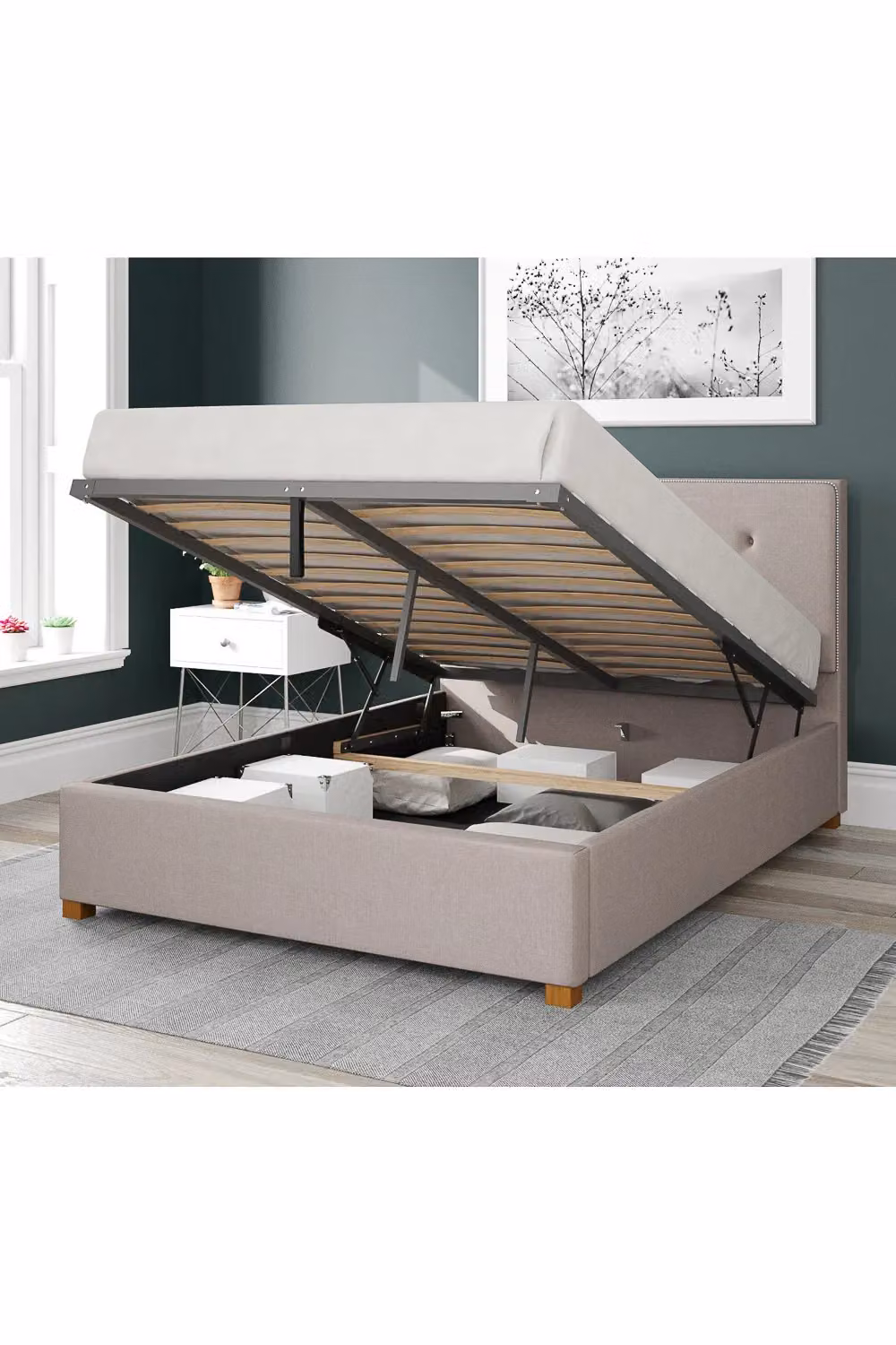 Aspire Presley Upholstered Ottoman Storage Bed in White Fabric, W/D/H: 140 x 200 cm – 2