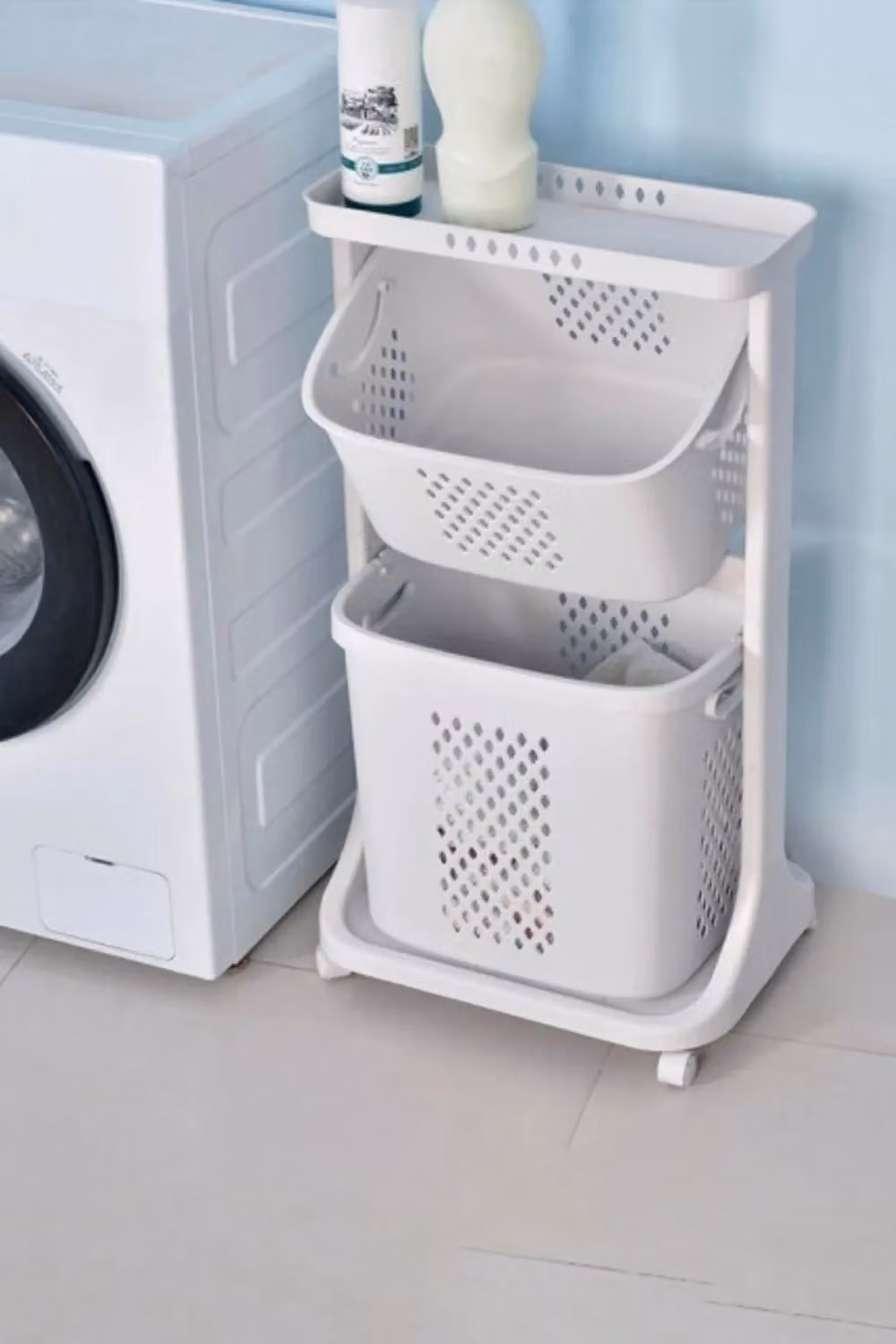 Living and Home 2 Compartment Rolling Laundry Basket and Bathroom Clothes Storage in White – 5