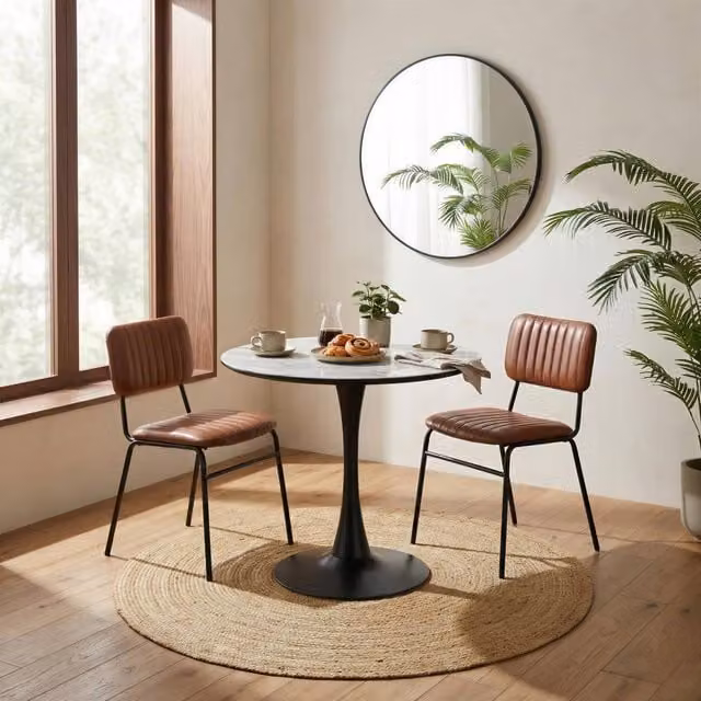 FurnitureboxUK Elina Round White Marble Effect Dining Table and 2 Tan Delta Chairs – 1