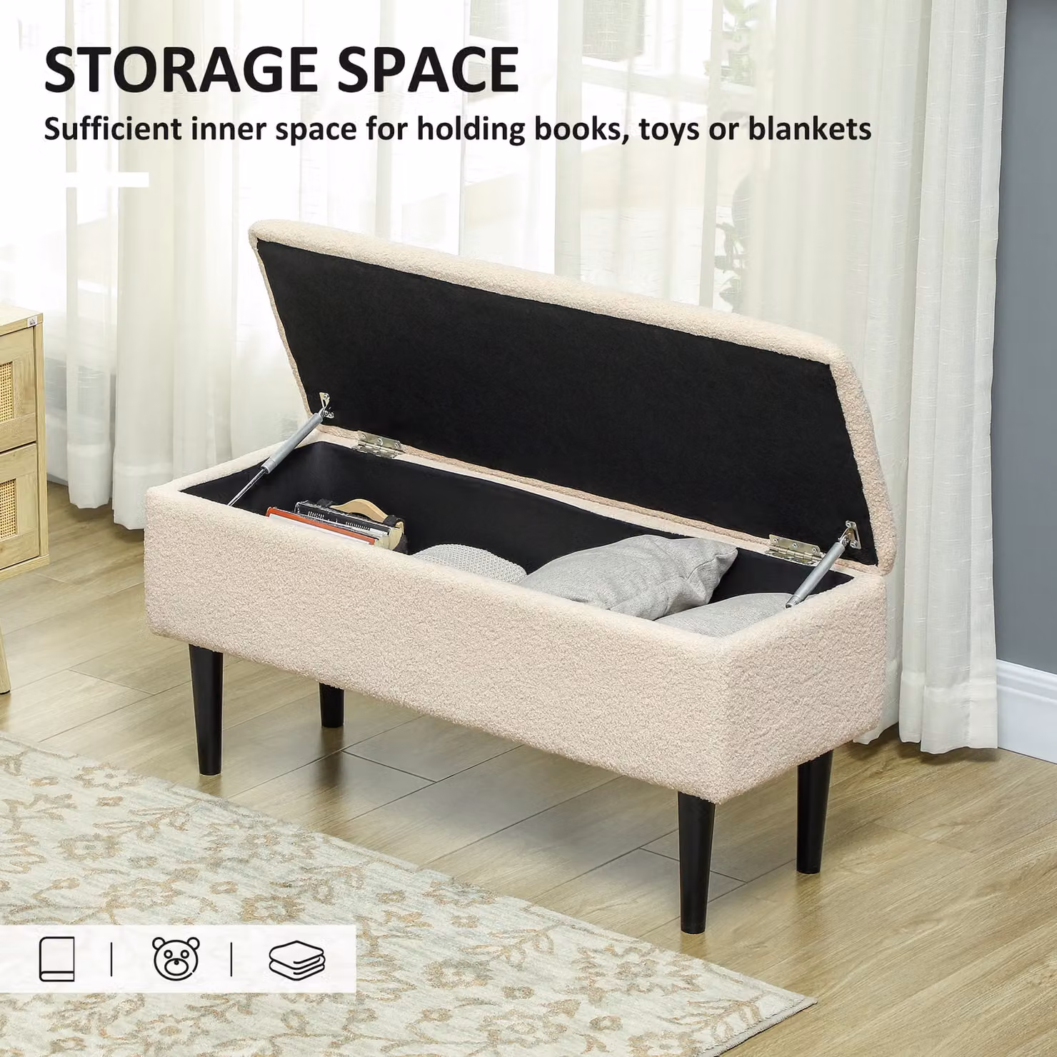 HOMCOM Modern Rectangular Ottoman Storage Box with 47L Capacity in Beige – 3