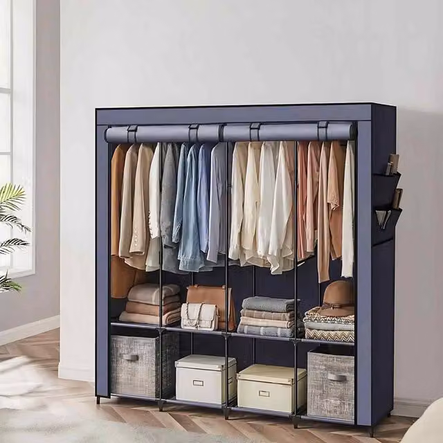 The Bazaarist Portable Clothes Wardrobe with 4 Hanging Rails, Blue – 1