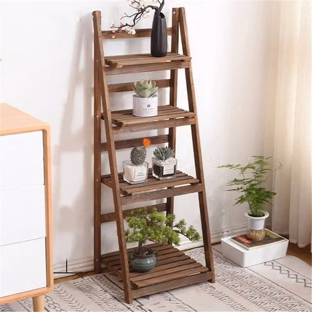 EONLION 4 Tier Foldable Wooden Plant Stand in Brown Rustic Ladder Style – 1