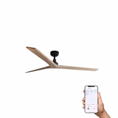 Netlighting Klim Large 3 Blade Ceiling Fan in Matt Black and Light Tan Wood with Tuya Smart App Control – 1