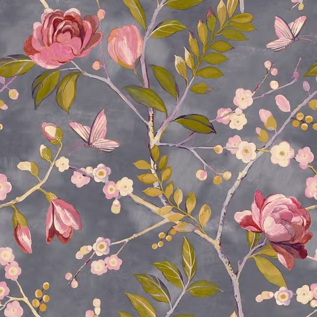 Grandeco Modern Abstract Floral and Botanical Wallpaper in Grey and Pink
