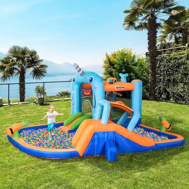 Chilli Seating Narwhal Style Inflatable Bouncy Castle with Slide and Spray in Multicoloured Blue