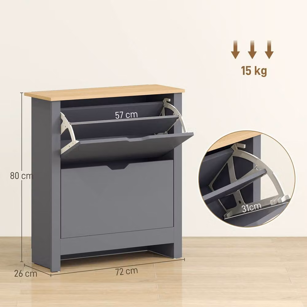 HOMCOM Modern Grey Shoe Storage Cabinet with Tilting Compartments and Internal Shelves – 3