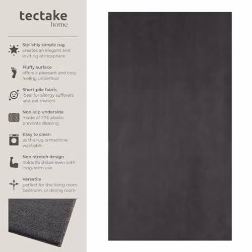 tectake Fluffy Rug in Anthracite Grey, Allergy-Friendly and Washable Short-Pile Polyester Carpet, W/D: 80 x 150 cm – 2