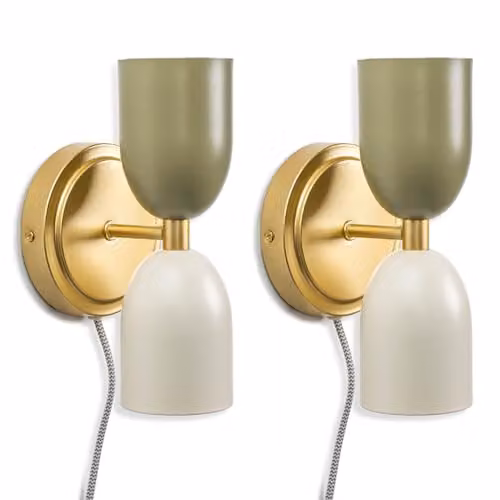 ValueLights Pair of 2 Gold Up and Down Plug-in Wall Lights with Beige Glass Shades and Bulbs Included – 1