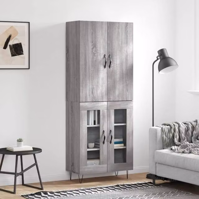 Berkfield Home Sonoma Grey Modern Highboard with Glass Doors, W/D/H: 69.5 x 34 x 180 cm
