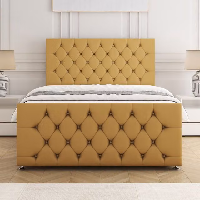 BSSPOKE Maya Divan Bed Set with 24 inch Headboard and Mattress in Mustard Plush Velvet, Super King, W/D/H: 200 x 200 cm