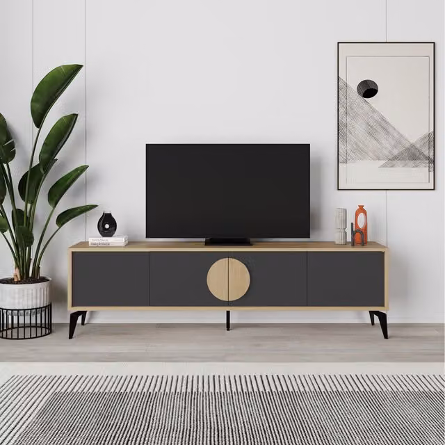 Decortie Gora Modern TV Unit with 4 Doors Storage, Oak and Silky Black, W: 180 cm, H: 50.8 cm, D: 35.7 cm