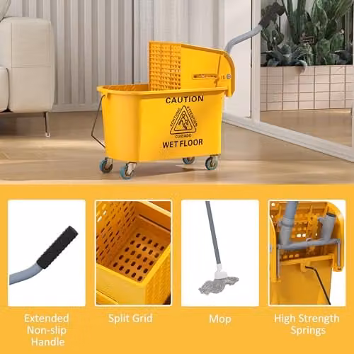 HOMCOM Mop Bucket with Wringer and Wheels, 20 Litre, Yellow – 3