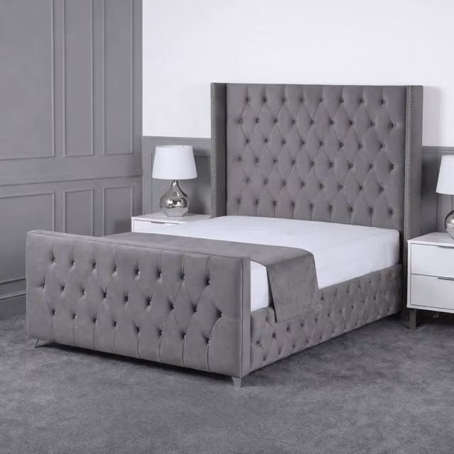 Living Comfort Bedz Executive Luxe Plush Upholstered Bed with Slatted Base and 48 Inch Headboard, Grey, W/D/H: 140 x 200 cm