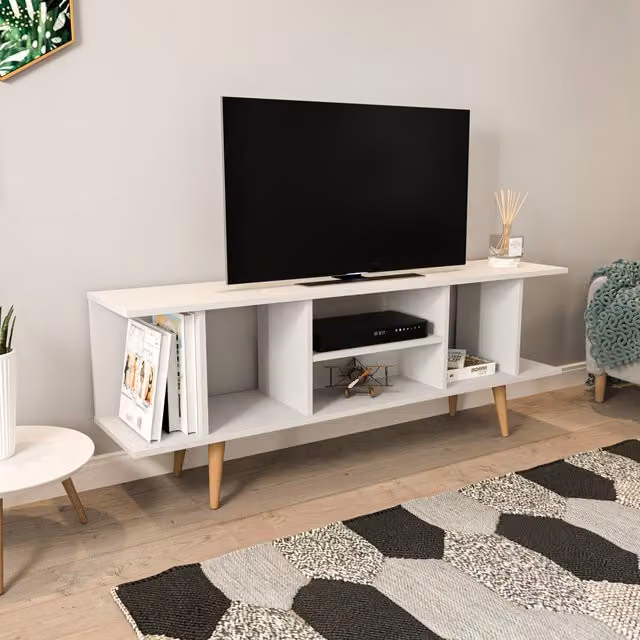 Decorotika Akya Scandinavian White Wood TV Unit with Media Compartments