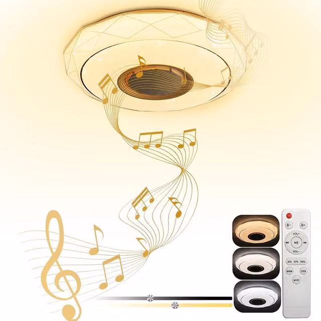 Livingandhome Modern Round Crystal LED Ceiling Light with Bluetooth and Remote Control in White
