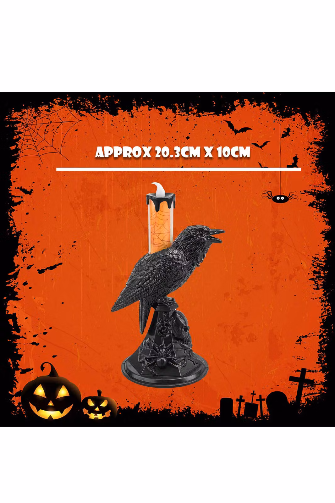 VFM e-Store Flameless Halloween Crow Candle in Orange, H 20.3 cm x W 20.3 cm x D 10.0 cm – 2