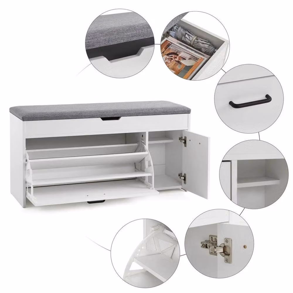EONLION Shoe Bench with Fabric Seat Cushion and Storage in White and Grey, Width: 100 cm – 3