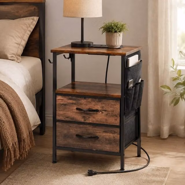 STILVORA Rustic Brown Bedside Table with Charging Station and Storage – 1