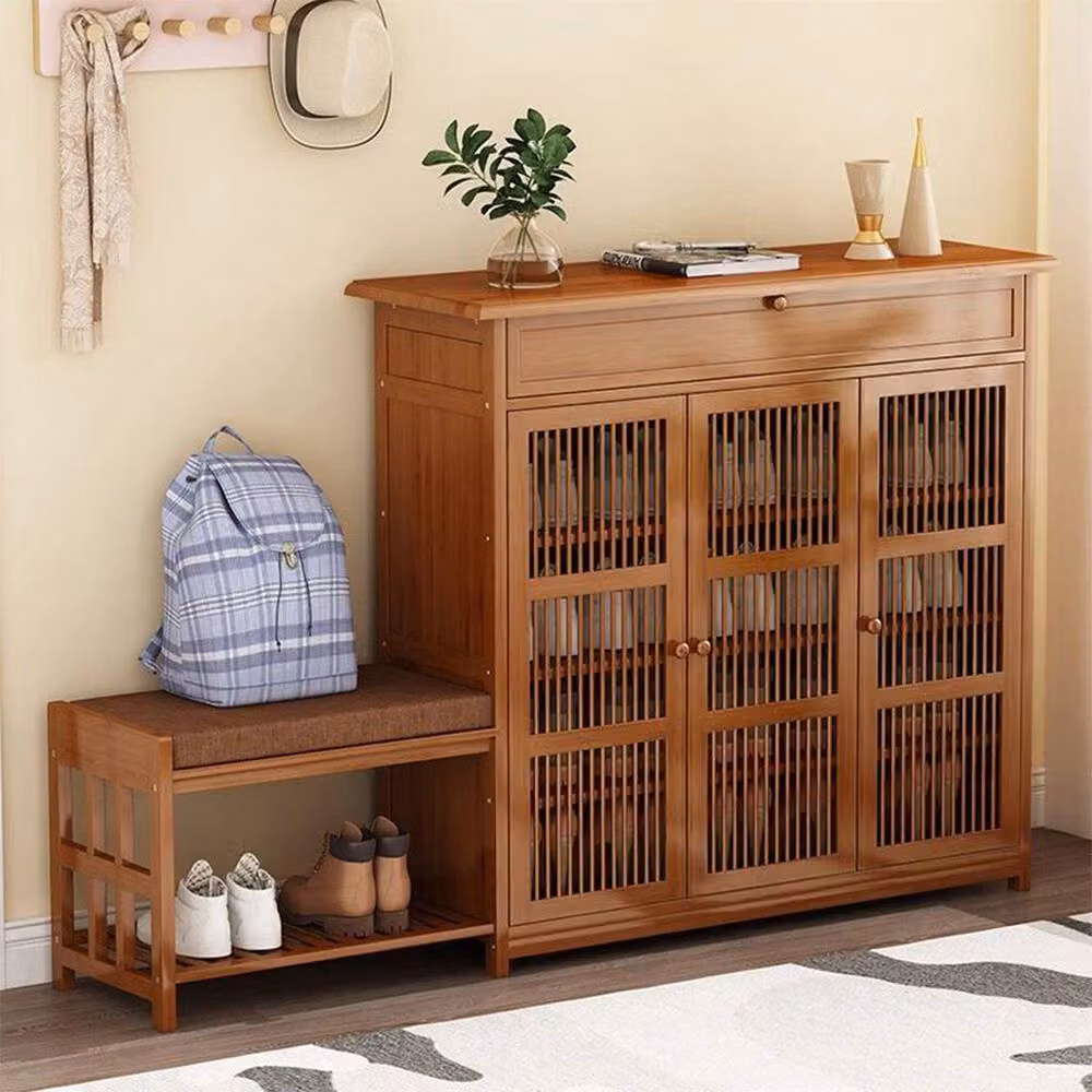 KORVIXA Bamboo Wood Large Shoe Storage Bench Cabinet Organizer in Brown W/D/H: 100 x 100 x 100 cm – 3