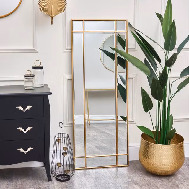 Melody Maison Art Deco Geometric Leaner Mirror in Gold and Black, W: 54 cm, H: 142 cm