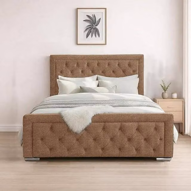 Bed Time UK Naples King Size Upholstered Bed Frame with Chesterfield Floor Standing Headboard in Beige