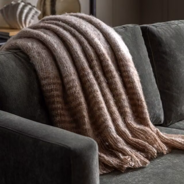 Terrys Brown Striped Mohhair and Wool Throw with Fringes W: 130 cm, D: 170 cm