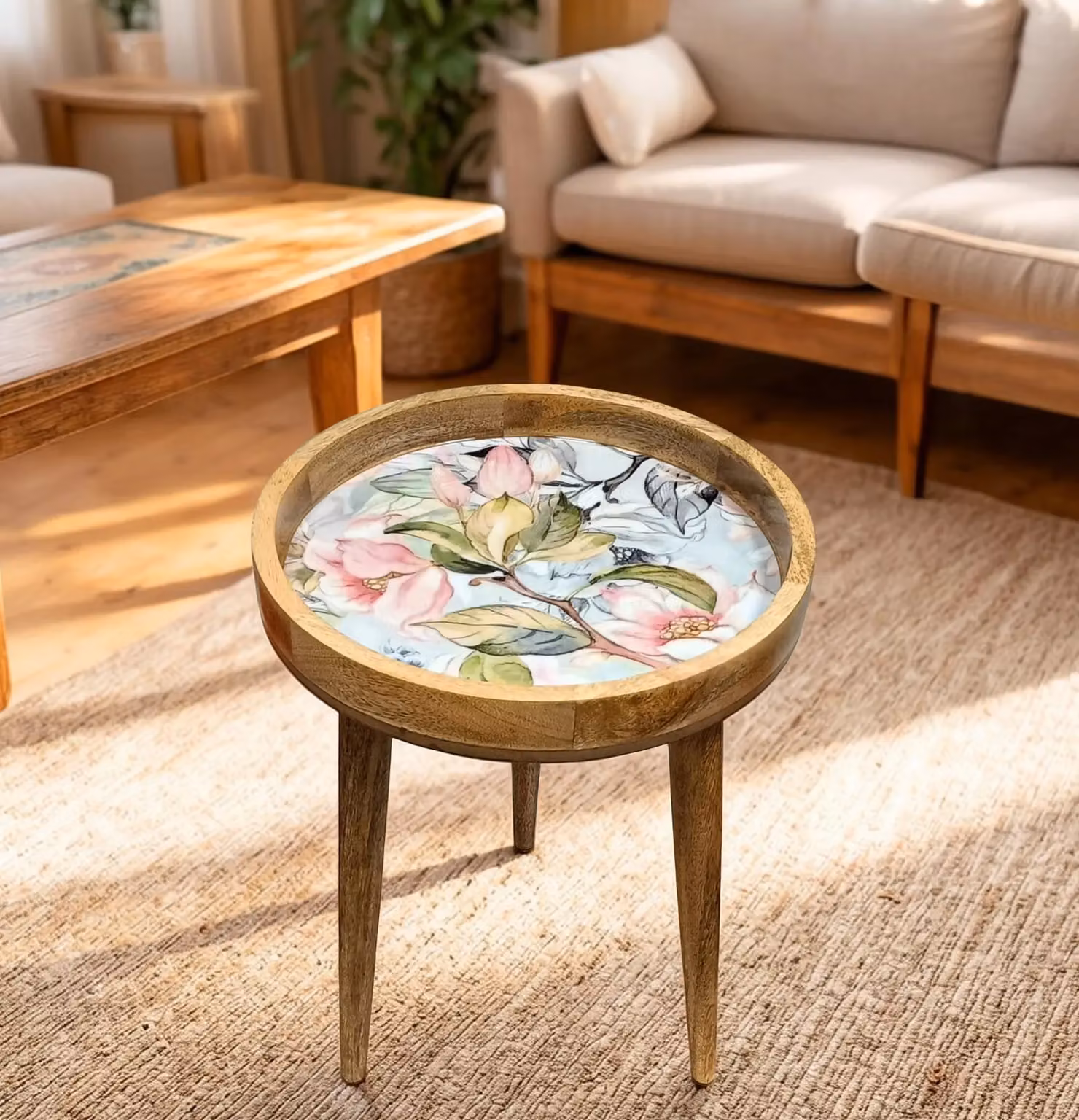 Hartsmede Handmade Round Side Table in Solid Mango Wood with Rose Gold Spring Flower Design and Detachable Legs – 3