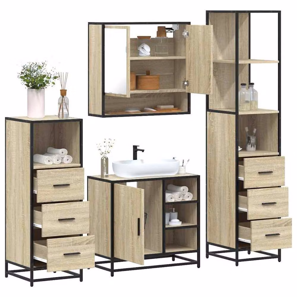 Berkfield Home 4-Piece Sonoma Oak Bathroom Furniture Set with Vanity Unit and Mirror Cabinet – 2