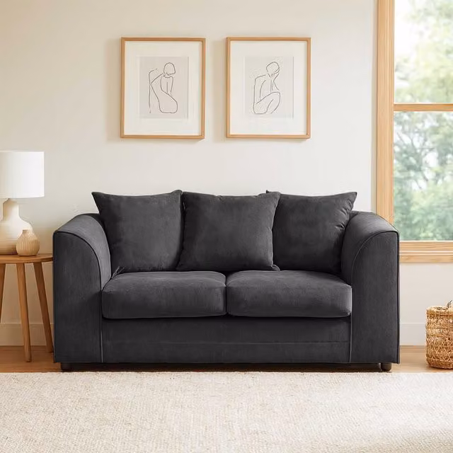 Furnishings For Less UK Casper 2 Seater Chenille Sofa in Black with Scatter Cushions and Removable Covers – 1