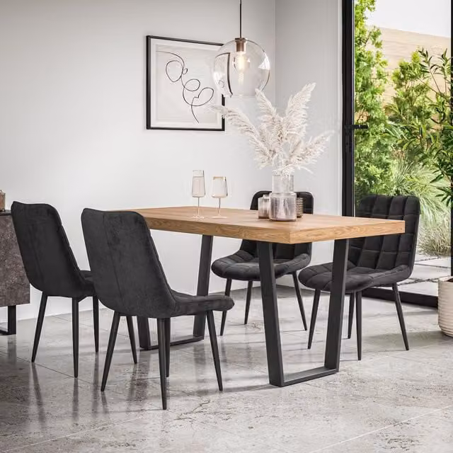 More4Homes Aria Dining Table and Nova Velvet Dining Chair Set, Oak Effect Table Top with Black Legs and 4 Chairs, W: 160 cm, D: 80 cm, H: 76 cm – 1