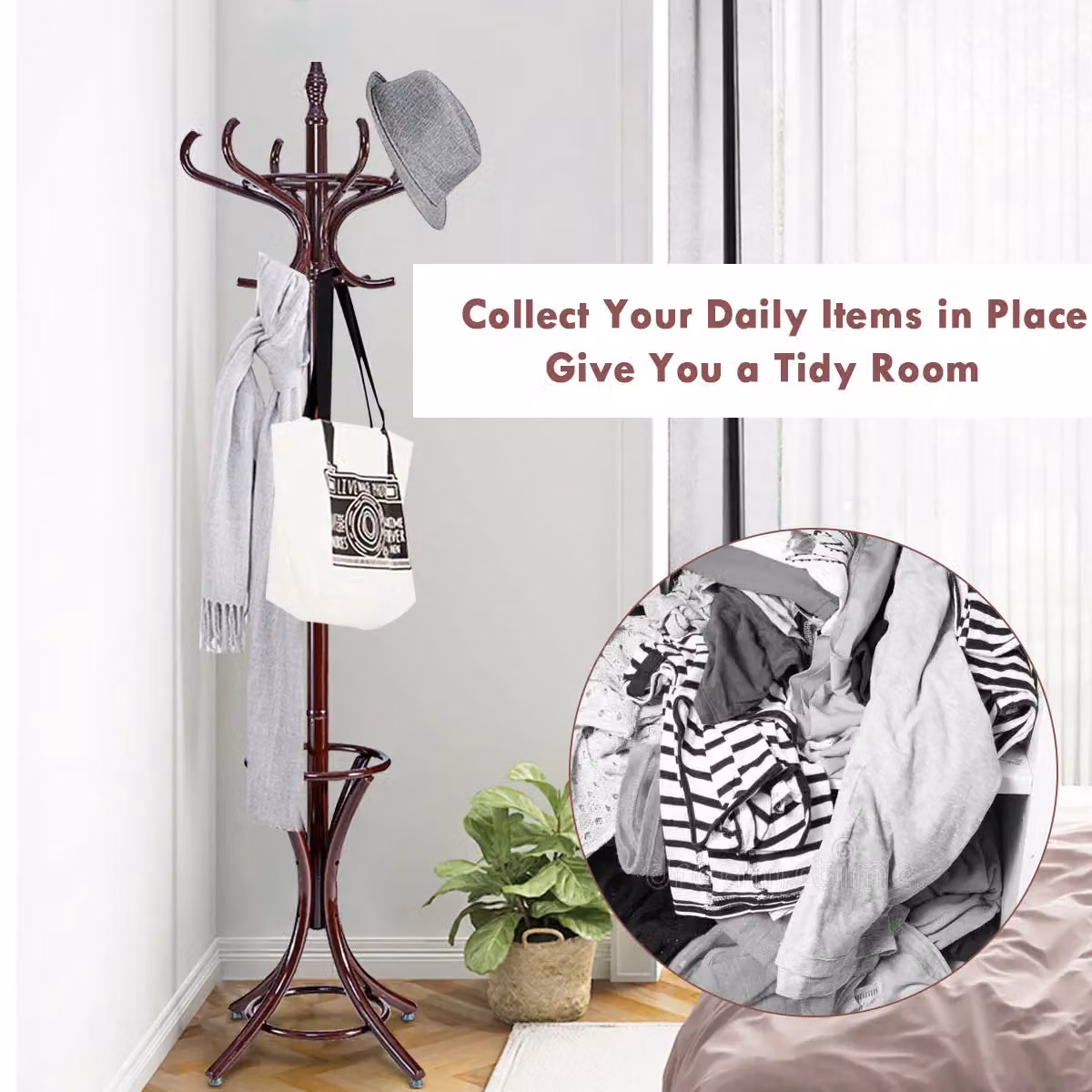 Costway Solid Wood Floor Standing Coat and Jacket Stand with Umbrella Rack in Dark Brown – 2
