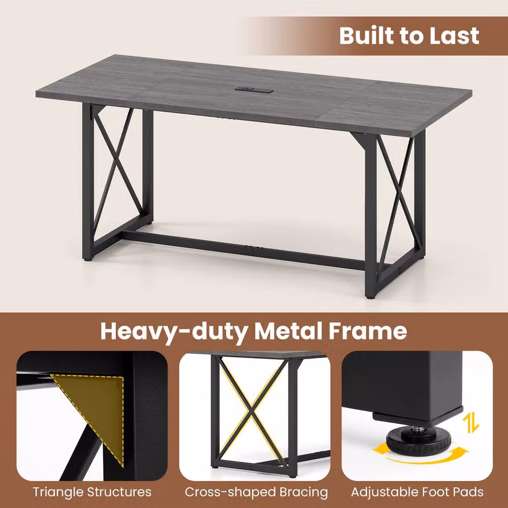 Costway Industrial Rectangular Conference Table with Power Outlets in Grey – 5