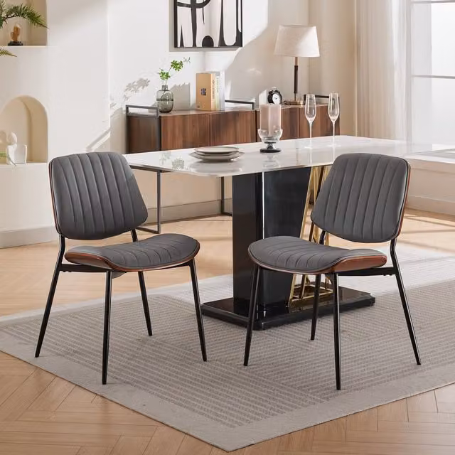 Set of 2 Modern Home Touch Mid-Century Dining Chairs in Orange Faux Leather with Walnut Wood and Metal Legs