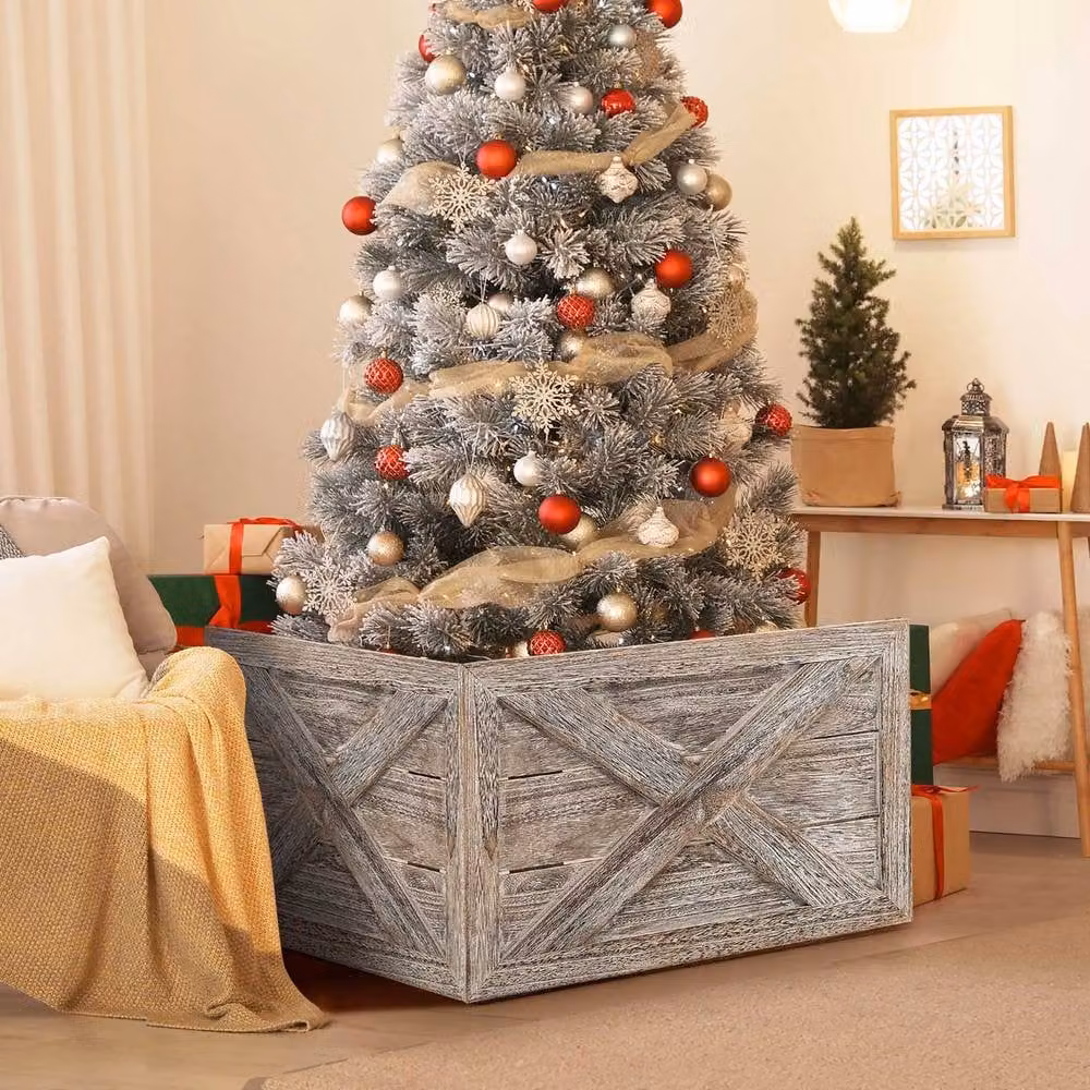 Gymax Solid Wood Vintage Christmas Tree Collar Box in Grey – 7
