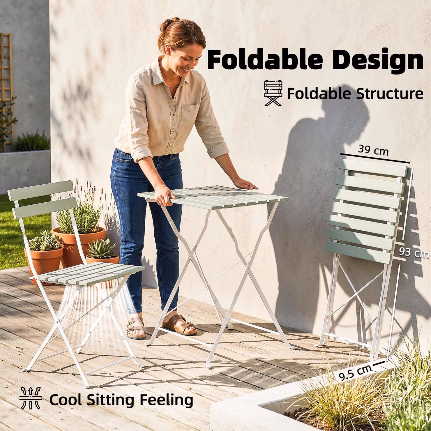 Outsunny Outdoor Bistro Set with Folding Square Acacia Wood Table and 2 Chairs in White and Green – 3